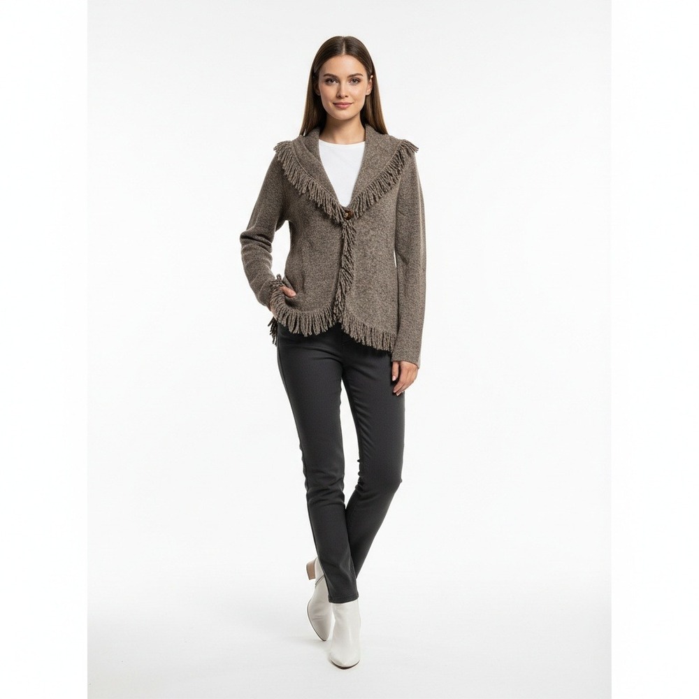 Susan Bristol Womens Medium Brown Wool Blend Fringe Trim Toggle Cardigan Sweater